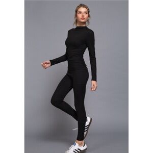 878 • Black Mock Neck Ruched Long Sleeve High Waist Pocket Pants 2 Piece Set